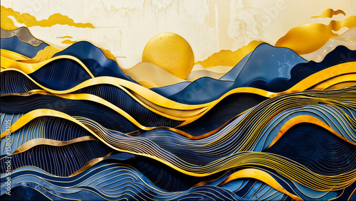 Abstract Artistic Landscape with Golden Sun and Blue Waves