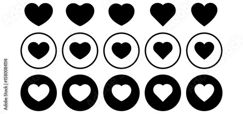 Set of black circular heart icons in a grid layout on white background. Minimalist love symbols ideal for valentine's day, dating apps, romantic themes, social media likes or posts. heart icons.