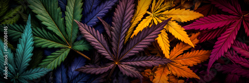 A vivid display of cannabis leaves with a gradient of colors ranging from orange to purple, creating an artistic and vibrant pattern.