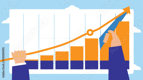 Hands holding a graph showing business growth with increasing bars and an upward trending arrow line