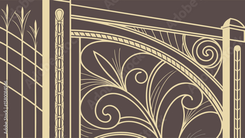Art deco gate design vintage ornamental ironwork decorative fence elegant architectural illustration style