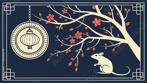 Year of the rat chinese new year illustration with lantern and cherry blossom tree vector design