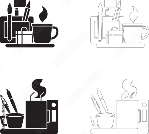 Coffee Day Artist Desk Icon Set with Coffee Cup, Paint Brush, Pencil, Notebook, and Tray in Black and White Solid and Outline Styles