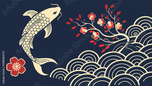 Japanese koi fish art print with cherry blossoms and ocean waves oriental style wall decor illustration art