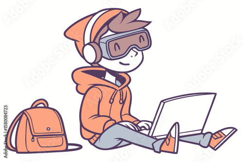 Chibi cartoon coder with VR headset and laptop sitting on floor, vector style