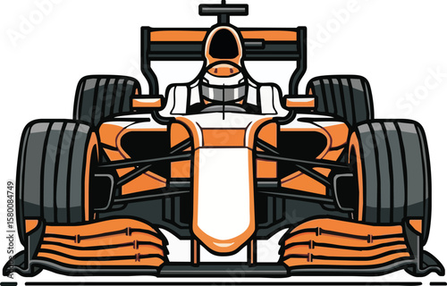 Front view of a cartoonish Formula 1 race car, orange and white, in a dynamic racing pose.