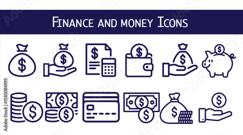Finance and money icons vector set for business accounting investment banking and wealth
