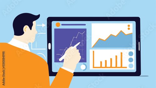 A man in orange shirt analyzing data on a tablet with graphs and charts using a stylus pen device