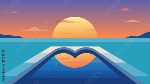 Golden sun dips below the horizon, painting the sky with fiery hues over the serene ocean waves and sandy beach