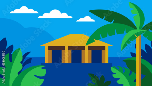 Tropical house on a summer beach with palm trees and a clear sky, a perfect island vacation illustration