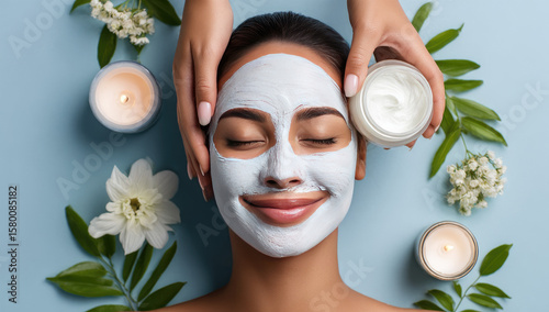 Young woman with facial mask and towel on head relaxing during spa skincare treatment on blue background.