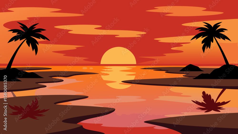 Obraz premium Tropical beach sunset with silhouetted palm trees against an orange sky