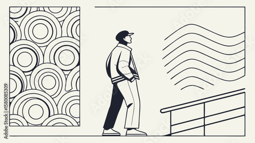Man walking in art gallery looking at abstract art and circle pattern design illustration vector