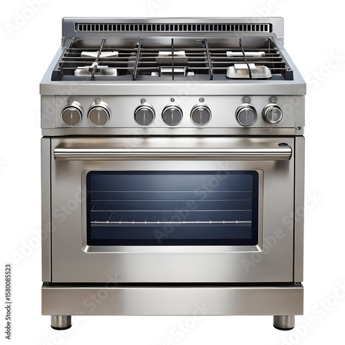 A sleek stainless steel gas stove and oven isolated on transparent background represents modern kitchen technology