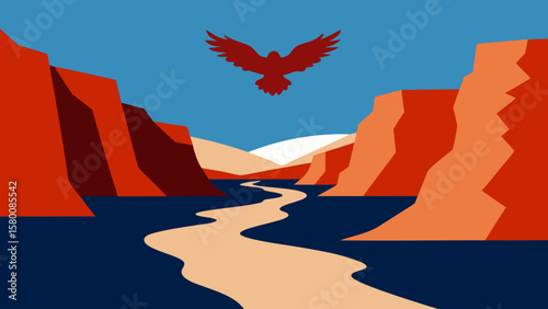 Grand Canyon National Park, Arizona, USA: a vibrant sunset paints the desert landscape with silhouettes of mountains, clouds, and the winding river below