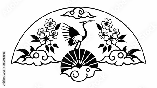 Japanese crane and cherry blossom fan design vector illustration for asian art and culture projects