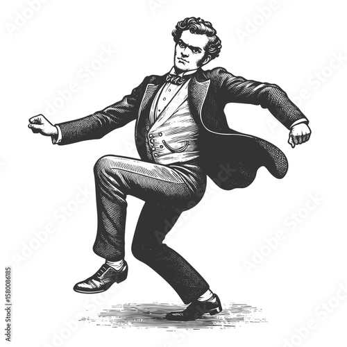 gentleman in a tuxedo striking a flamboyant dance pose with exaggerated flair sketch engraving generative ai fictional character vector illustration. Scratch board imitation. Black and white image.