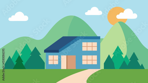 A vibrant cartoon landscape illustration of a cozy country house on a green hill with trees, under a clear sky, depicting rural villa