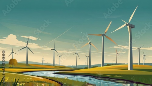 Stylized vector of wind turbines in countryside – eco theme