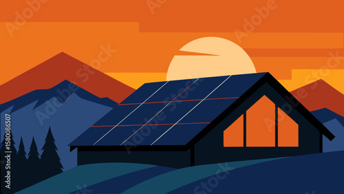 Illustration of a house on a mountain with solar panels for clean, renewable energy