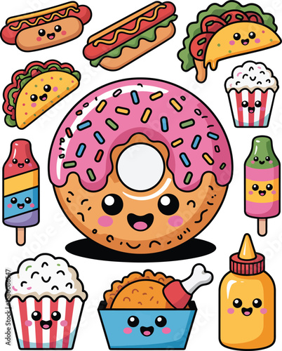 Collection of cute kawaii food characters including donut hot dog taco ice cream