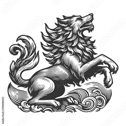 majestic wolf-like creature with flowing mane, posed on swirling waves in heraldic fashion sketch engraving generative ai vector illustration. Scratch board imitation. Black and white image.