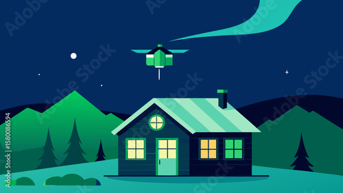A festive winter village illustration under a starry night sky with warm lights glowing from charming house windows and snow-covered trees