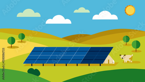 Green meadow landscape with photovoltaic solar panels under a blue sky, harnessing renewable energy from the summer sun