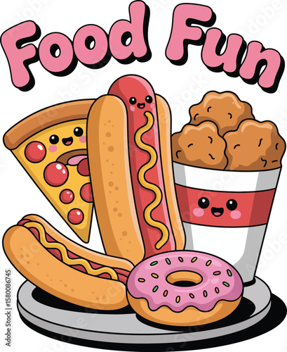 Cute kawaii food characters enjoying a fun meal together