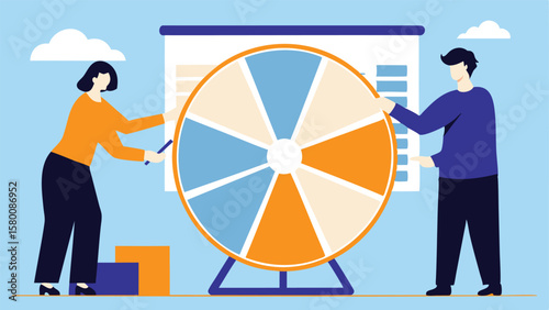 Illustration of two people spinning a wheel in front of a presentation board with clouds above it