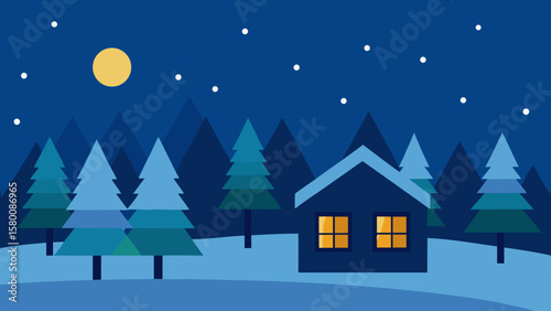 Christmas winter night landscape with a cozy house, snow, and festive trees, a perfect holiday illustration