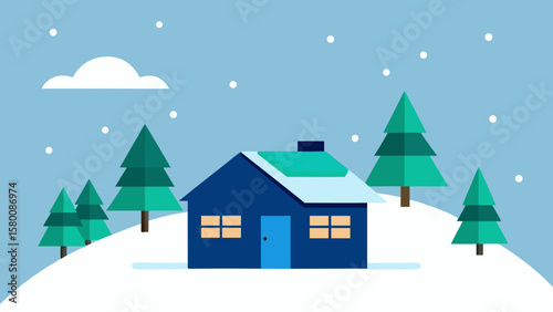 Christmas winter landscape with houses and trees, a festive snowy village scene under a starlit sky