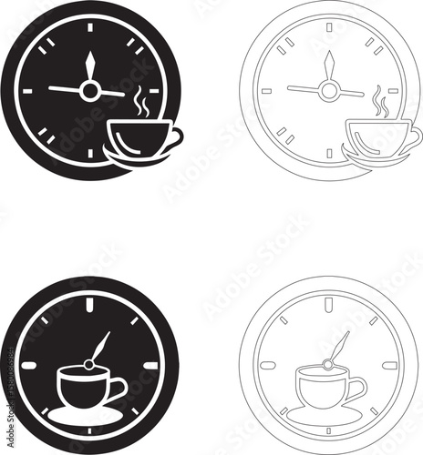 Coffee Day Clock and Coffee Cup Icon Set in Black and White Solid and Outline Styles