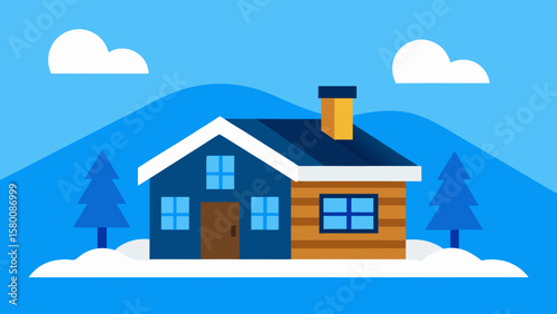 Illustrative designs of residential properties: a snowy winter cottage, a sky-high building, and an architectural vector home