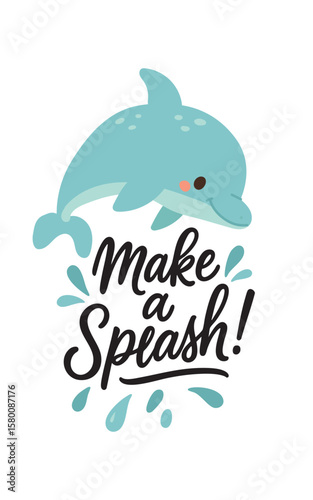 Cute blue dolphin jumps with joy above waves in this playful cartoon design, perfect for summer themes, marine fun, and cheerful ocean-inspired decor.