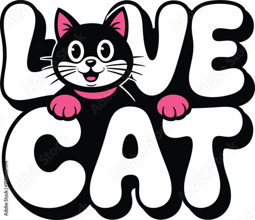 Cute cartoon black cat with pink accents peeking out from behind the words love cat