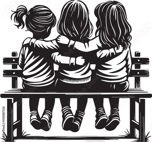 Three Best Friends Sitting on a Bench Silhouette