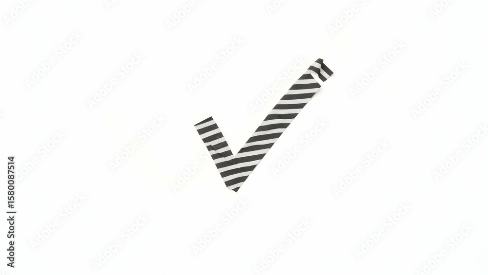 Symbol A check mark crafted from fiber tape, styled in a striped design, shown in taped view on white background (2) Symbol A check mark crafted from fiber tape, styled in a striped design, shown in taped view on white background (2)