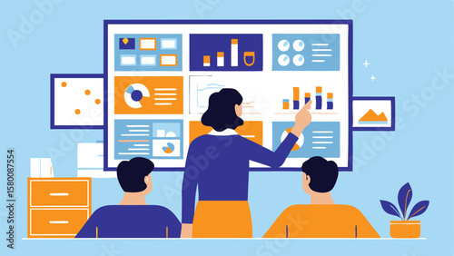 Woman presenting charts and graphs to two people in a meeting room with a plant and a cabinet here