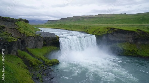 A powerful waterfall cascades into a river, surrounded by lush green fields and rocky cliffs under a cloudy sky.