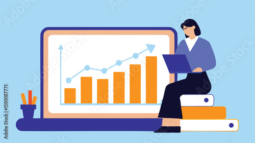 Woman sitting with laptop in front of a screen displaying a bar graph with an upward trending line
