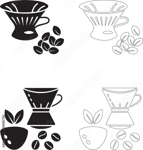 Coffee Day Coffee Dripper and Beans with Plant Icon Set in Solid and Outline Styles