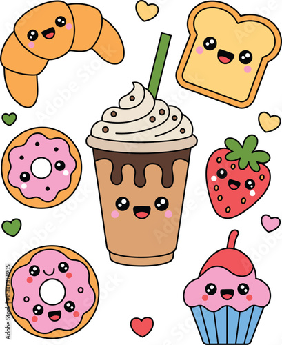 Cute kawaii food characters including croissant donut coffee strawberry and cupcake