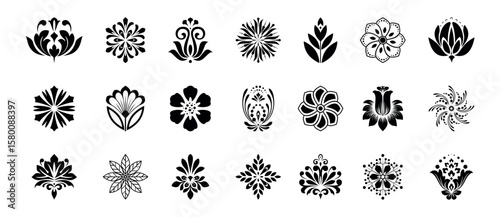 Geometric floral set of seamless patterns. White and black vector backgrounds. Damask graphic ornaments.