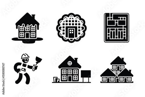 Black house icons and construction worker building blueprint