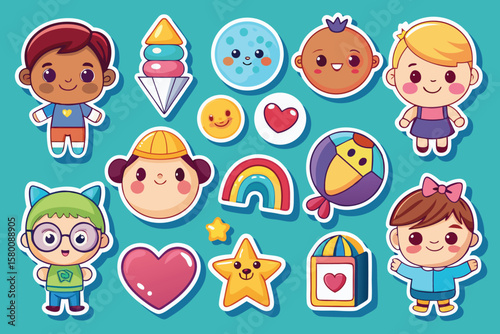 Cute Cartoon Children and Toys Stickers Set