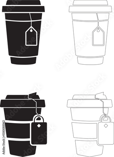 Coffee Day Disposable Coffee Cup with Tea Bag Icon Set in Black and White Solid and Outline Styles