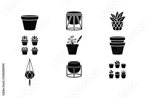 Black silhouette icons of potted plants and planters plant pots hanging planter