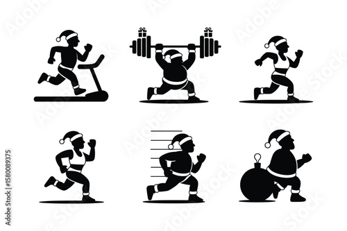 Festive fitness silhouettes of Santa Claus exercising running treadmill