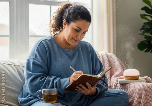Person Practicing a Mindful Self-Care Routine by a Window with Journaling and Tea for Mental Wellness